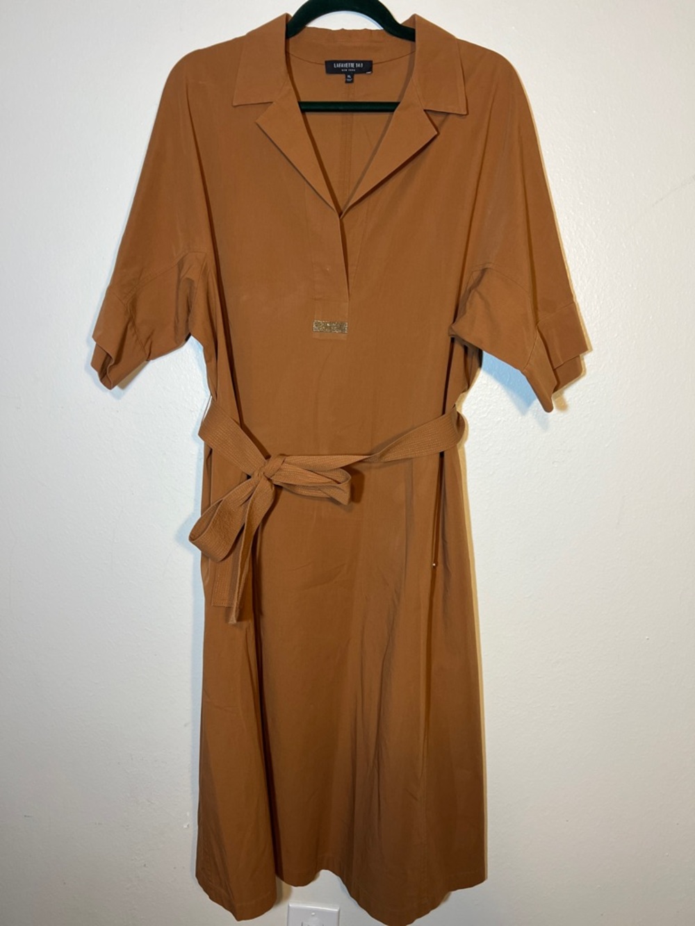 Lafayette 148 New York Brown Minimalist Stretch Cotton Collared Midi Dress XL